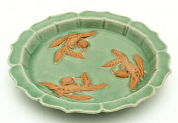 CHINESE CELADON BISCUIT RELIEF DECOR DISH