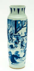 LARGE CHINESE BLUE AND WHITE CERAMIC VASE SHOWING A FIGURAL SCENERY