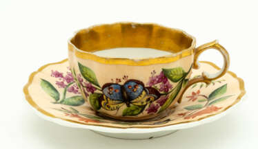 RARE RUSSIAN PORCELAIN CUP & SAUCER WITH BUTTERFLY AND FLOWER DECOR