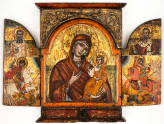 GREEK TRIPTYCH SHOWING THE MOTHER OF GOD PORTATISSA WITH TWO ST. CHURCH FATHERS, ST. GEORGE AND ST. DEMETRIOS