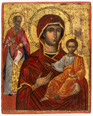 GREEK ICON SHOWING THE MOTHER OF GOD HODEGETRIA AND A SAINT - photo 1
