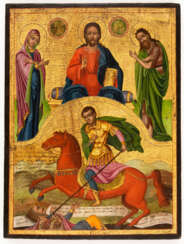 LARGE GREEK ICON SHOWING THE DEESIS AND ST. DEMETRIOS