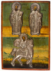 LARGE GREEK ICON SHOWING ST. ELEUTHERIUS, ST. NICHOLAS AND ST. MENAS