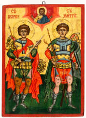 DOUBLE-SIDED BULGARIAN LAMPADA-ICON SHOWING THE SAINTS GEORGE AND DEMETROS, KONSTANTIN AND HELENA