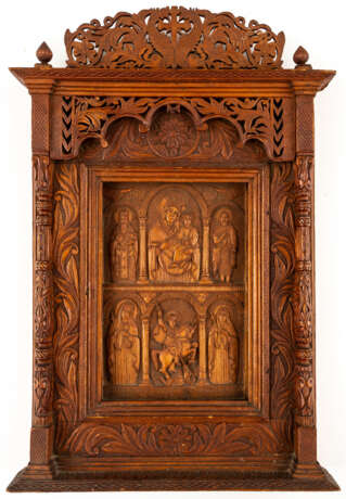LARGE GREEK WOOD CARVED ICON SHOWING THE MOTHER OF GOD, ST. GEORGE AND OTHER SAINTS - photo 1