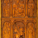 LARGE GREEK WOOD CARVED ICON SHOWING THE MOTHER OF GOD, ST. GEORGE AND OTHER SAINTS - photo 2