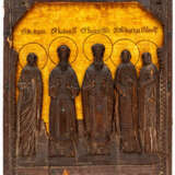 RUSSIAN WOOD CARVED ICON SHOWING 5 SAINTS - фото 1