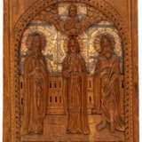 RUSSIAN WOOD CARVED ICON SHOWING ST. MAKARIUS, ST. AGRIPINA AND ST. JOHN THE BAPTIST - фото 1