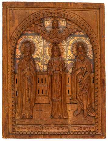 RUSSIAN WOOD CARVED ICON SHOWING ST. MAKARIUS, ST. AGRIPINA AND ST. JOHN THE BAPTIST - photo 1