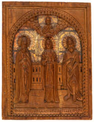 RUSSIAN WOOD CARVED ICON SHOWING ST. MAKARIUS, ST. AGRIPINA AND ST. JOHN THE BAPTIST