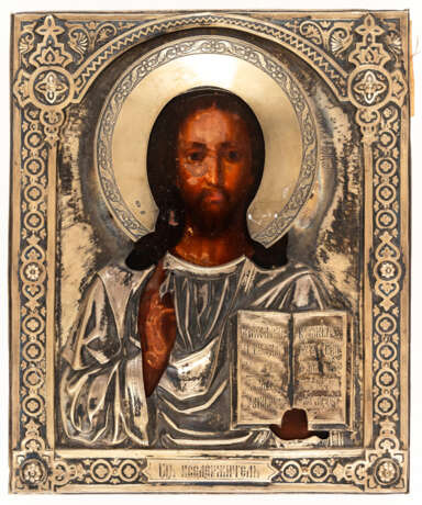RUSSIAN ICON WITH SILVER OKLAD SHOWING CHRIST PANTOKRATOR - фото 1