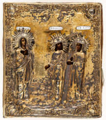 RUSSIAN ICON WITH GILDED SILVER OKLAD SHOWING ST. CONSTANTIN AND ST. HELENA WITH ST. ANASTASIA