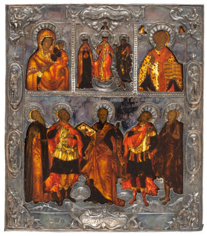 RUSSIAN ICON WITH UNUSUAL SILVER OKLAD SHOWING THE MOTHER OF GOD SMOLENSKAYA, THE DEESIS, ST. NICHOLAS AND OTHER SAINTS - фото 1