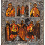 RUSSIAN ICON WITH UNUSUAL SILVER OKLAD SHOWING THE MOTHER OF GOD SMOLENSKAYA, THE DEESIS, ST. NICHOLAS AND OTHER SAINTS - photo 1