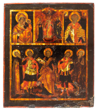 RUSSIAN ICON WITH UNUSUAL SILVER OKLAD SHOWING THE MOTHER OF GOD SMOLENSKAYA, THE DEESIS, ST. NICHOLAS AND OTHER SAINTS - фото 2