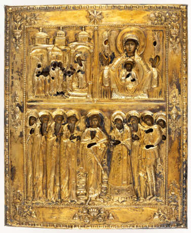 RUSSIAN OLD-BELIEVERS ICON WITH MAGNIFICENT GILDED SILVER OKLAD SHOWING THE ENTRY OF MARY TO THE TEMPLE, THE MOTHER OF GOD ZNÁMENIE AND SAINTS - photo 1