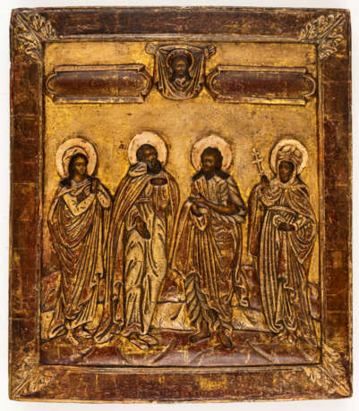 VERY RARE STUCCO-ICON SHOWING ST. BARBARA, ST. SERGIUS (?), ST. JOHN THE BAPTIST AND ST. CATHERINE - фото 1