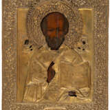 RUSSIAN BRASS OKLAD ICON SHOWING ST. NICHOLAS - фото 1