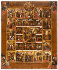 LARGE ICON SHOWING THE FEASTDAYS OF THE CHURCH YEAR AND THE PASSION OF CHRIST