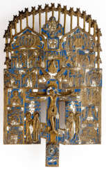 RUSSIAN METAL PATRIARCHAL CROSS SHOWING THE CRUCIFIXION OF CHRIST, SAINTS AND FEASTDAYS