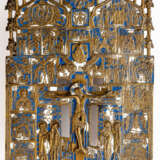 RUSSIAN METAL PATRIARCHAL CROSS SHOWING THE CRUCIFIXION OF CHRIST, SAINTS AND FEASTDAYS - фото 1