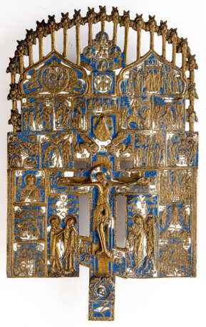 RUSSIAN METAL PATRIARCHAL CROSS SHOWING THE CRUCIFIXION OF CHRIST, SAINTS AND FEASTDAYS - photo 1