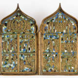 RARE RUSSIAN METAL TETRAPTYCH SHOWING FEAST DAYS OF THE LITURGICAL YEAR AND SCENES OF PRAISE TO THE MOTHER OF GOD - фото 1