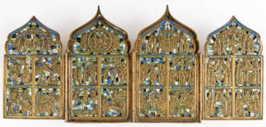 RARE RUSSIAN METAL TETRAPTYCH SHOWING FEAST DAYS OF THE LITURGICAL YEAR AND SCENES OF PRAISE TO THE MOTHER OF GOD