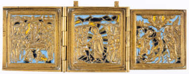 RUSSIAN METAL TRIPTYCH SHOWING THE DORMITION OF THE MOTHER OF GOD, THE ANASTASIS AND THE BAPTISM OF CHRIST