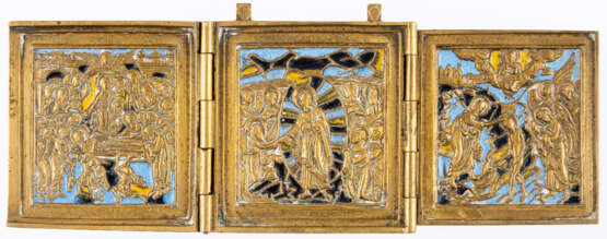 RUSSIAN METAL TRIPTYCH SHOWING THE DORMITION OF THE MOTHER OF GOD, THE ANASTASIS AND THE BAPTISM OF CHRIST - photo 1