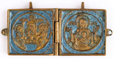 RUSSIAN METAL DIPTYCH SHOWING THE HOLY TRINITY (OLD TESTAMENT TYPE) AND THE MOTHER OF GOD ZNÁMENIE