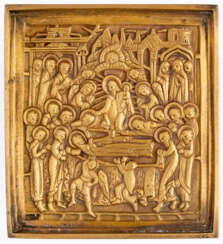 RUSSIAN METAL ICON SHOWING THE DORMITION OF THE MOTHER OF GOD