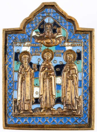 RUSSIAN METAL ICON SHOWING ST. AFINOGEN, ST. PANTELEIMON AND ST. SADOK - фото 1