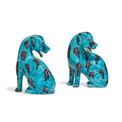 A RARE PAIR OF CHINESE EXPORT TURQUOISE-GLAZED SPOTTED HOUNDS