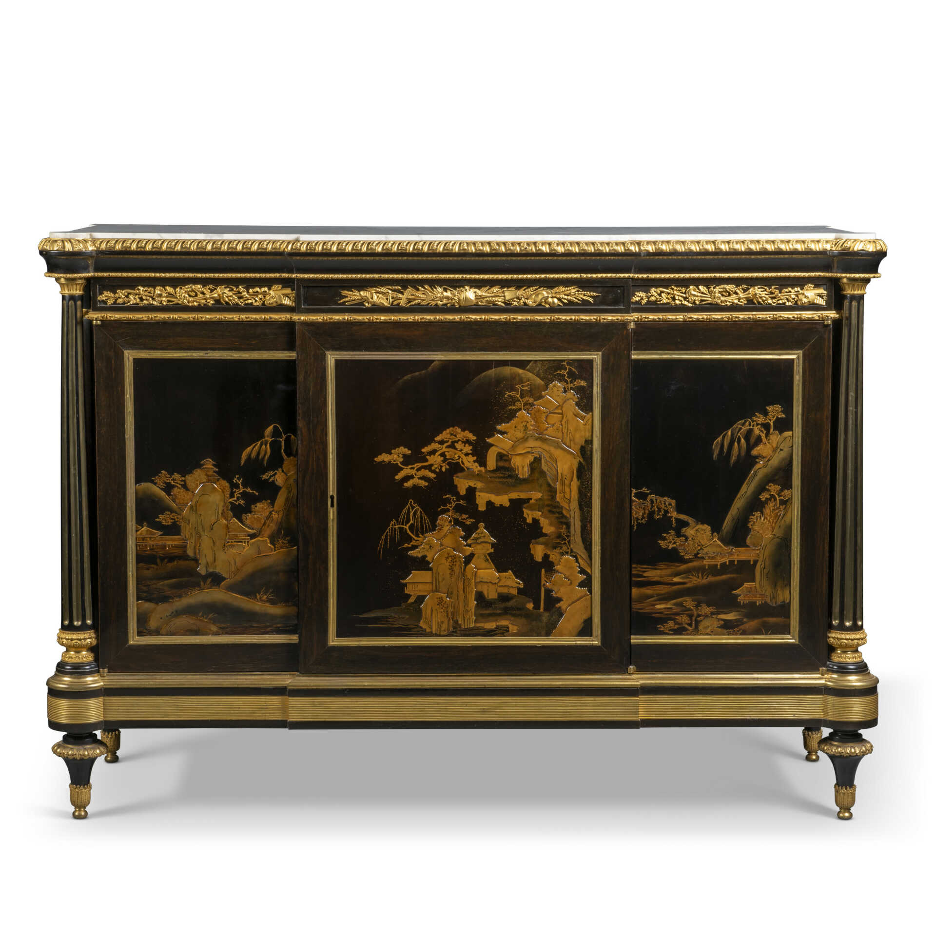 A LOUIS XVI ORMOLU-MOUNTED EBONY AND BLACK AND GILT LACQUER COMMODE A VANTAUX