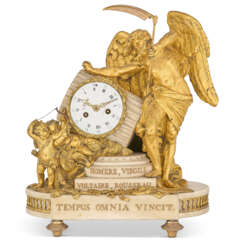 A LOUIS XVI ORMOLU-MOUNTED WHITE MARBLE STRIKING MANTEL CLOCK