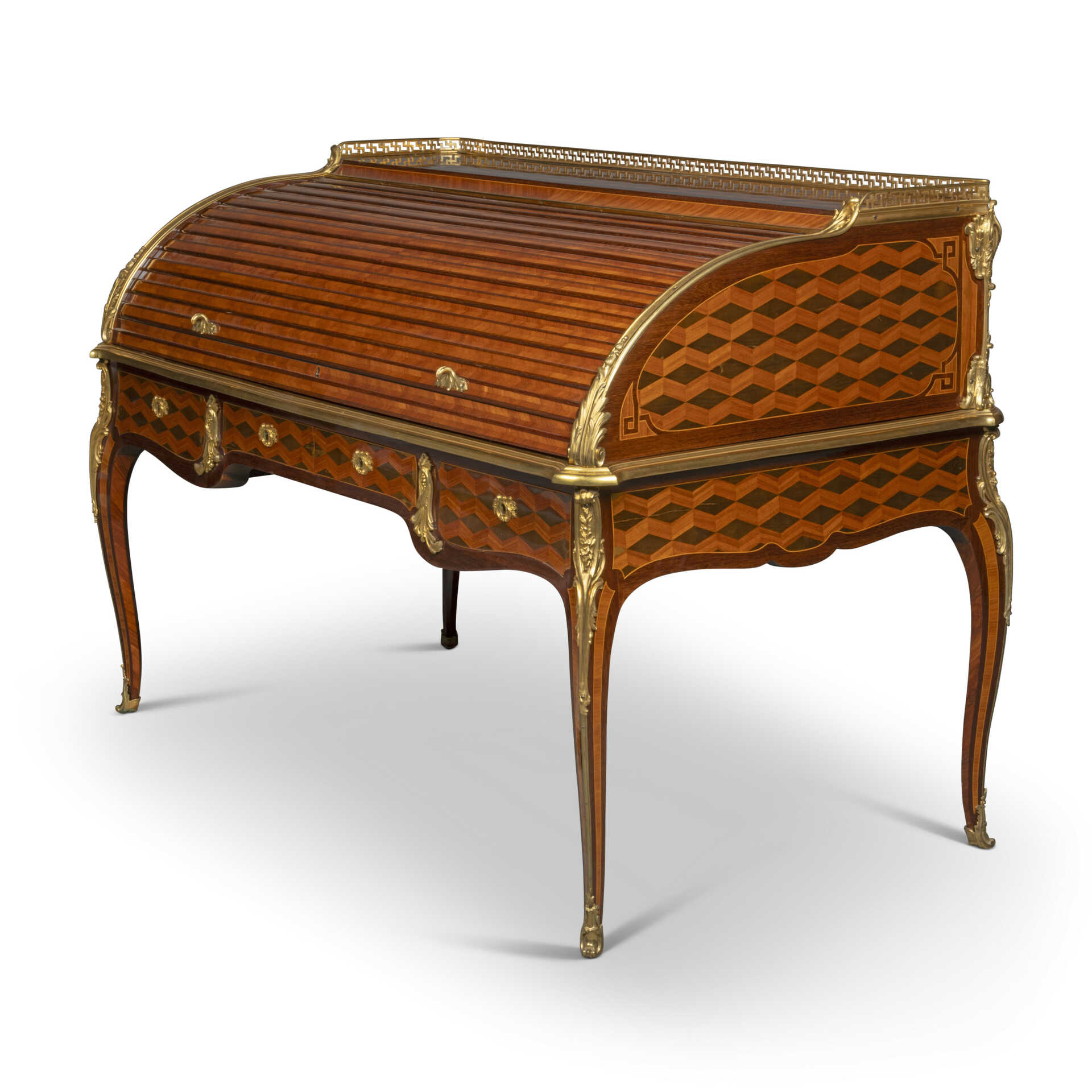 A LOUIS XV ORMOLU-MOUNTED AMARANTH, BOIS SATINE, TULIPWOOD AND GREEN-STAINED SYCAMORE BUREAU A CYLINDRE