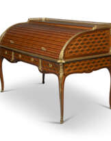 A LOUIS XV ORMOLU-MOUNTED AMARANTH, BOIS SATINE, TULIPWOOD AND GREEN-STAINED SYCAMORE BUREAU A CYLINDRE