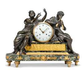 A DIRECTOIRE ORMOLU-MOUNTED PATINATED-BRONZE AND GREEN MARBLE MANTEL CLOCK