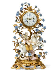 A LOUIS XV MEISSEN AND FRENCH PORCELAIN AND ORMOLU MANTEL CLOCK