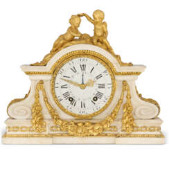 A LOUIS XVI ORMOLU-MOUNTED WHITE MARBLE STRIKING MANTEL CLOCK