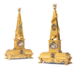 A PAIR OF LOUIS XVI ENAMEL, HARDSTONE AND PASTE-MOUNTED ORMOLU OBELISKS