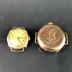 Zwei Damenarmbanduhren, Jugendstil. Eine Uhrenkralle / Armband für die Taschenuhr. Gold-Doublée, sehr schön.
