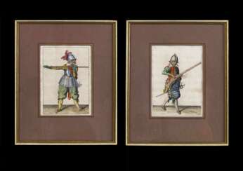Zwei kolorierte Kupferstiche eines Musketiers und eines Pikeniers im 17.Jahrhundert, Jakob de Gheyn (1565-1629).