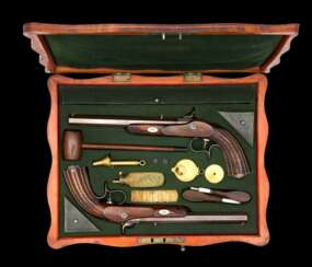 Ein Paar Perkussions-Pistolen im Kasten, deutsch oder Belgien um 1840.