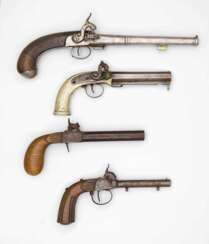 Konvolut von vier Perkussions-Pistolen, England und Belgien 19. Jahrhundert.