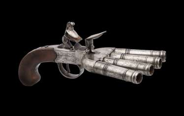 Seltene, vierläufige Steinschloss-Pistole von Henry Blyth in London um 1780.
