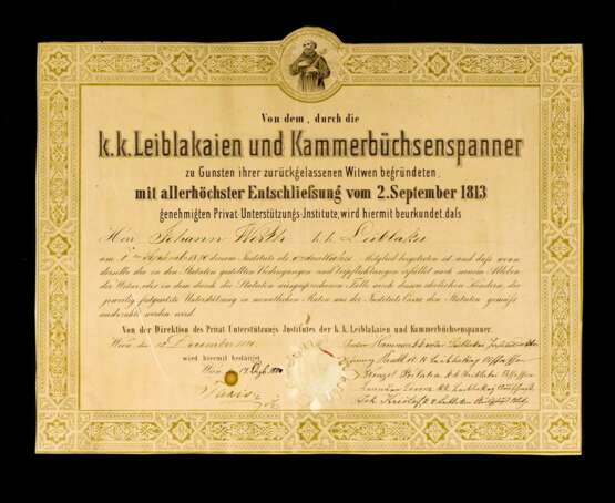 Urkunde k.k. Leiblakaien und Kammerbüchsenspanner. - фото 1