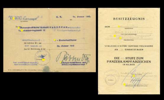 Urkundengruppe eines SS-Oberscharführers zum Panzerkampfabzeichen mit EZ 50 und besonderen Autografen. - фото 1