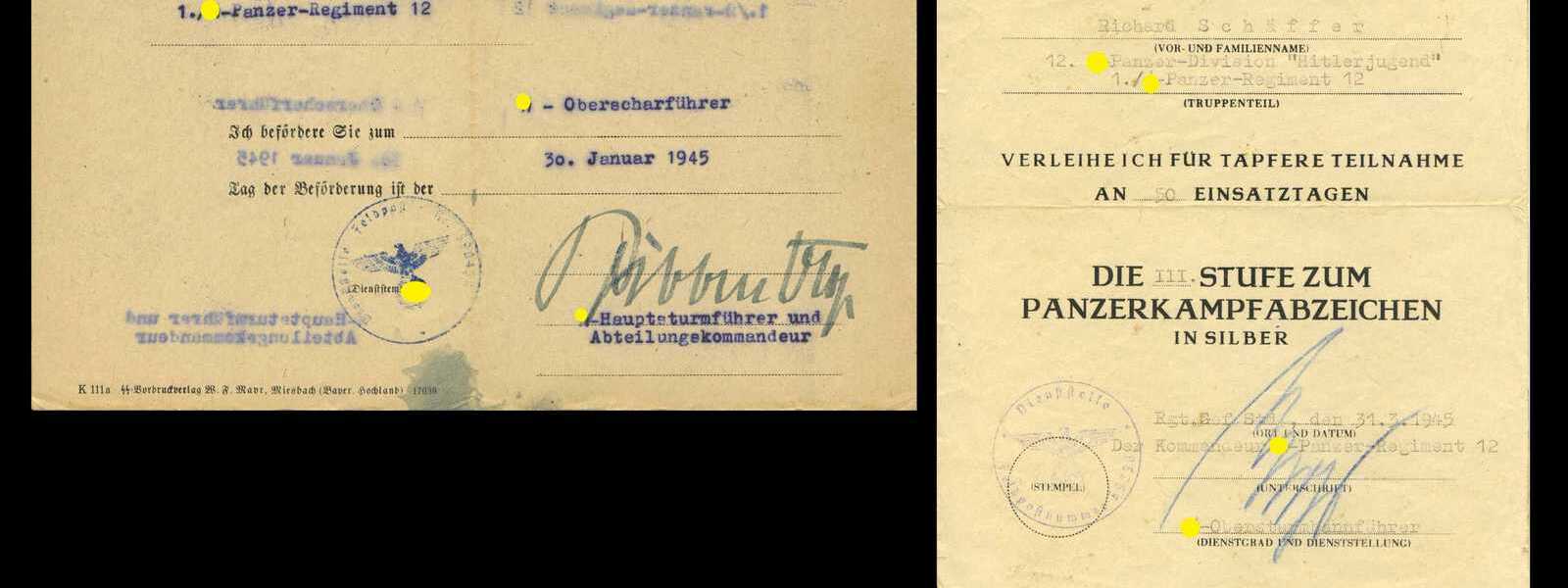 Urkundengruppe eines SS-Oberscharführers zum Panzerkampfabzeichen mit EZ 50 und besonderen Autografen.